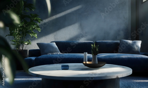 Modern interior design accentual and subtle features a living room with a indigo denim texures The color scheme is primarily indigo and denim with soft lighting cre photo