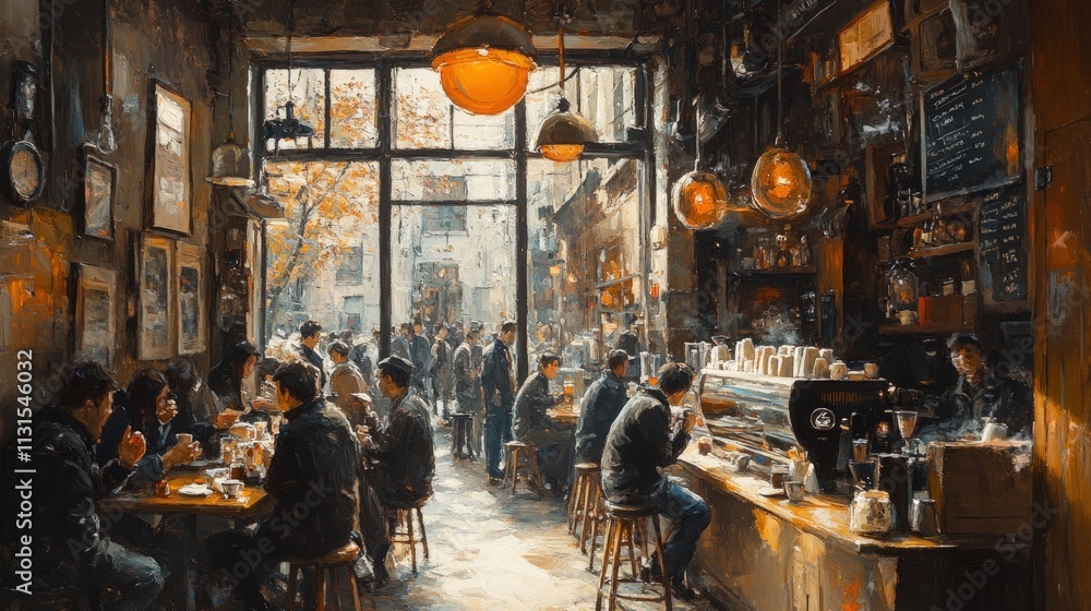 Naklejka premium Busy cafe patrons enjoying coffee, sunlight streaming in.