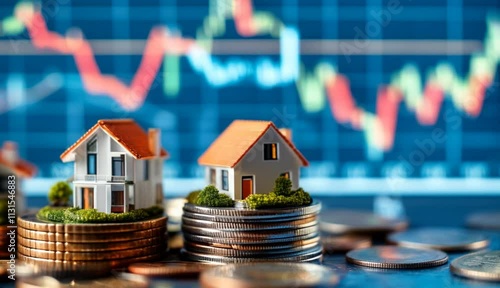 Real Estate Market Concept with Miniature Houses on Coins and Glowing Stock Chart Background