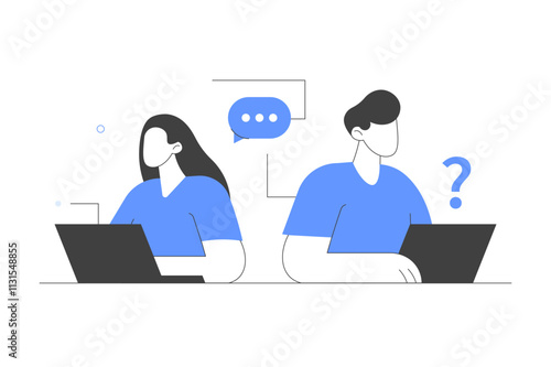 Female and male customer service operators talking with clients and helping solve problems. Online support, helpdesk and FAQ concept. Flat Cartoon Vector Illustration, icon. Stylish abstract