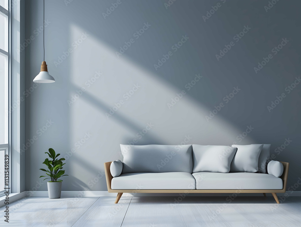 Generate photorealistic high resolution image room with gray wall sofa live some space on left side of the image Generate photorealistic high resolution image room with gray wall sofa live some space on left side of the image