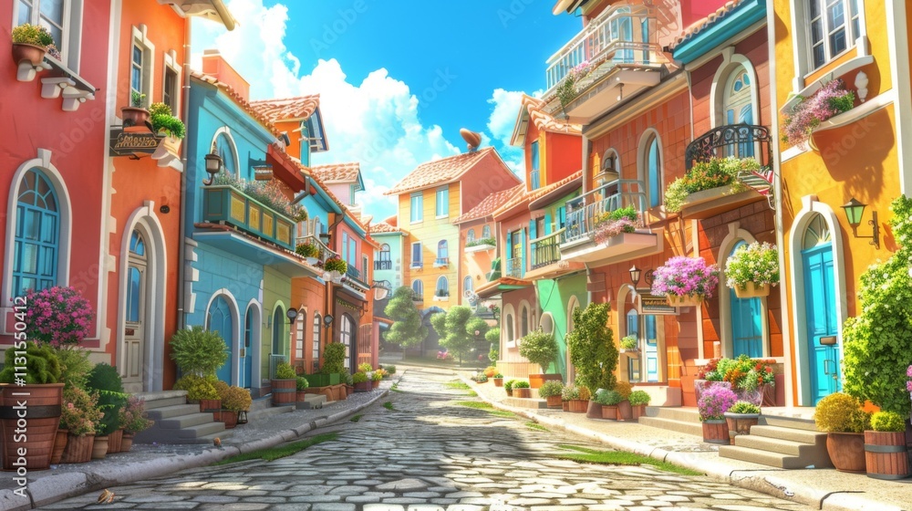 Fototapeta premium A colorful European-style street with vibrant buildings, flower boxes, cobblestone road, and a clear blue sky.
