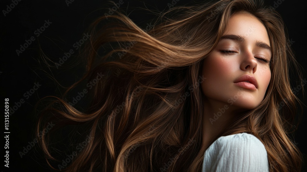 Naklejka premium Hair care, grooming and portrait of woman in studio with salon, healthy and shiny treatment for beauty. Confident, wellness and person with long, wavy and volume hairstyle routine by black background