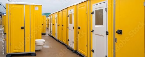 Row of temporary toilets set up at a relief shelter, flood disaster, essential services photo