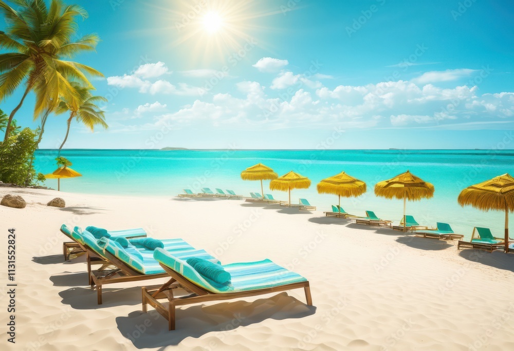 Obraz premium lush tropical beach scene vibrant blue golden palm clear sunny skies captivating relaxing ambiance, sand, waves, sea, island, coast, shore, sunset