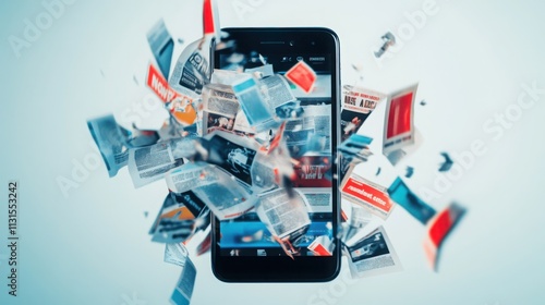 A smartphone bursting with floating newspapers and magazines, representing digital news and information in motion