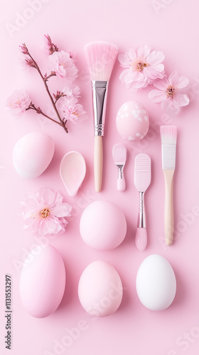 Soft pink eggs and brushes with cherry blossoms make a lovely spring atmosphere for festive celebrations