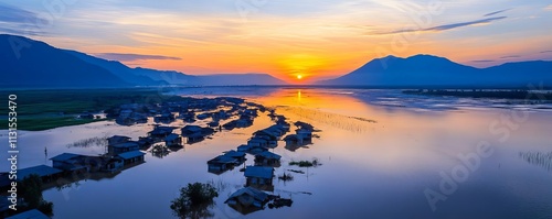 Sunrise reflecting on waterlogged landscapes, flood disaster, hope after destruction photo