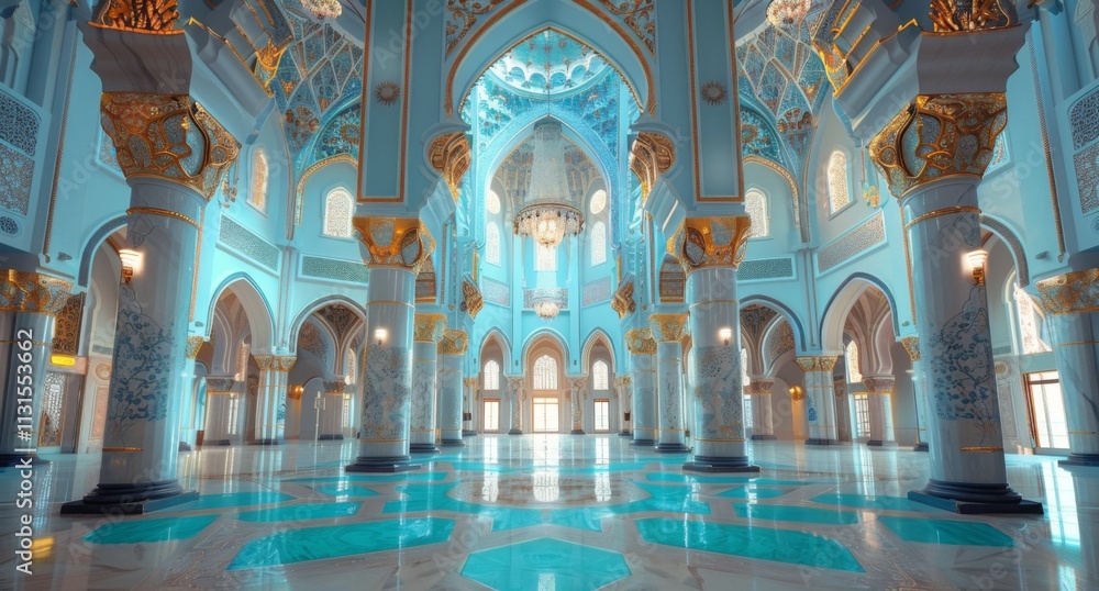 Obraz premium mosque element in ornate arabic, Islamic architecture style interior. White, golden colors, stars Ramadan Kareem. Muslim community festival. Generative AI