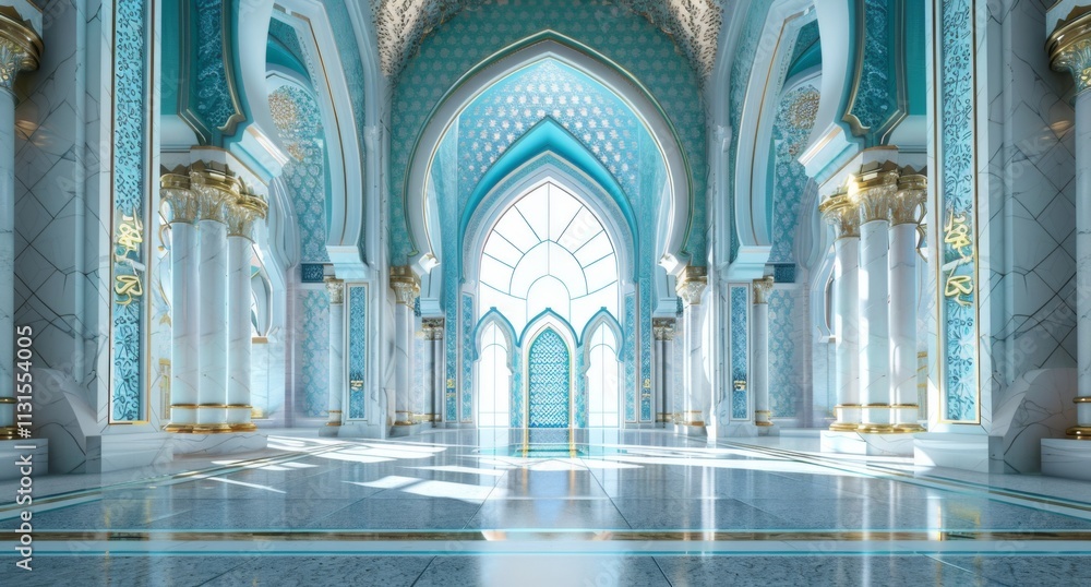 Obraz premium mosque element in ornate arabic, Islamic architecture style interior. White, golden colors, stars Ramadan Kareem. Muslim community festival. Generative AI