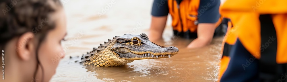 Fototapeta premium Volunteers guiding stranded animals to a higher ground, flood disaster, wildlife rescue