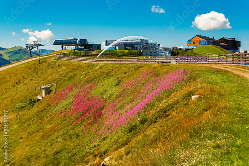 Alpine summer view with a water fountain at Mount Asitz, Leogang, Zell am See, Pinzgau, Salzburg, Austria photo