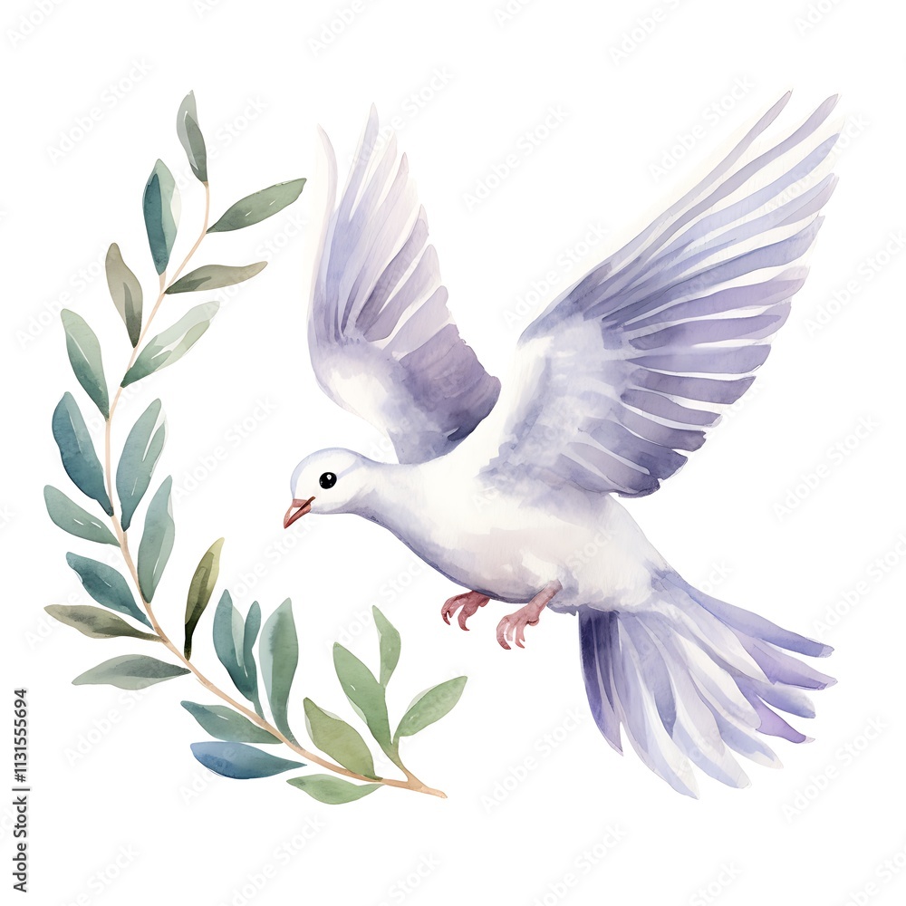 Obraz premium White dove flying with olive branch: symbol of peace and hope