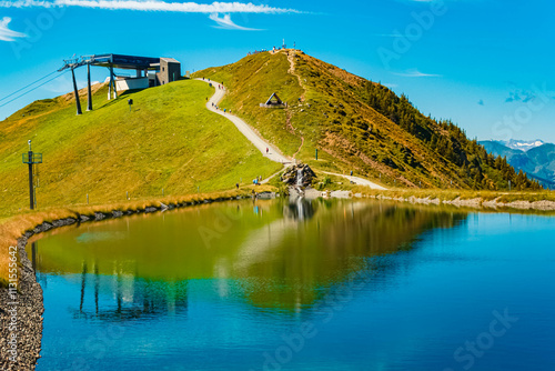 Alpine summer view with reflections in a pond at Mount Asitz, Leogang, Zell am See, Pinzgau, Salzburg, Austria photo