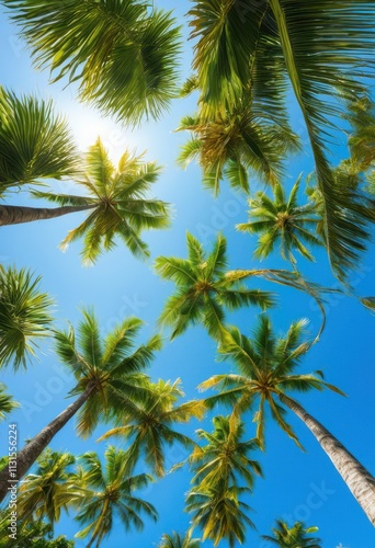 Wallpaper Mural vibrant palm trees framed clear bright blue sky lush green foliage clear tropical essence, landscape, sunlight, summer, resort, island, exotic, beauty, oasis Torontodigital.ca