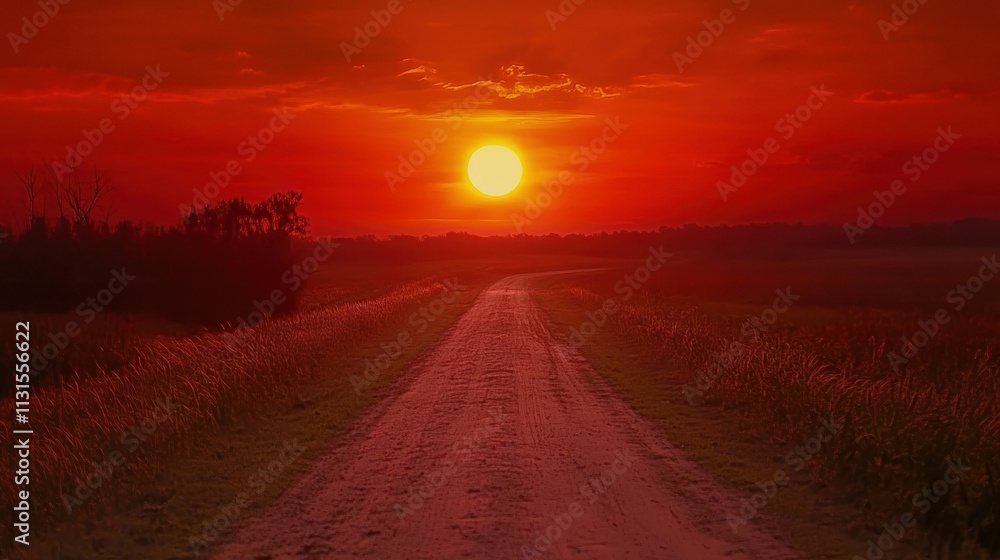 Fototapeta premium Serene sunset over a quiet dirt road.