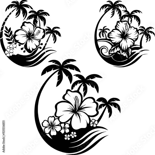 Tropical Hibiscus Flowers Beach Scene eps