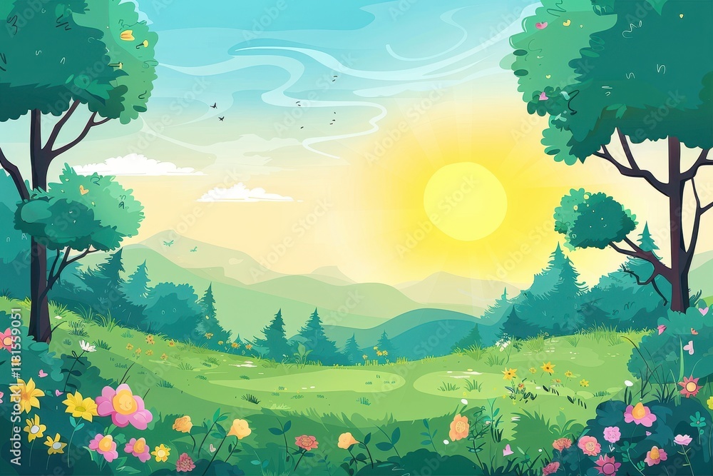 Fototapeta premium Sunlit Meadow with Lush Greenery and Blooming Flowers