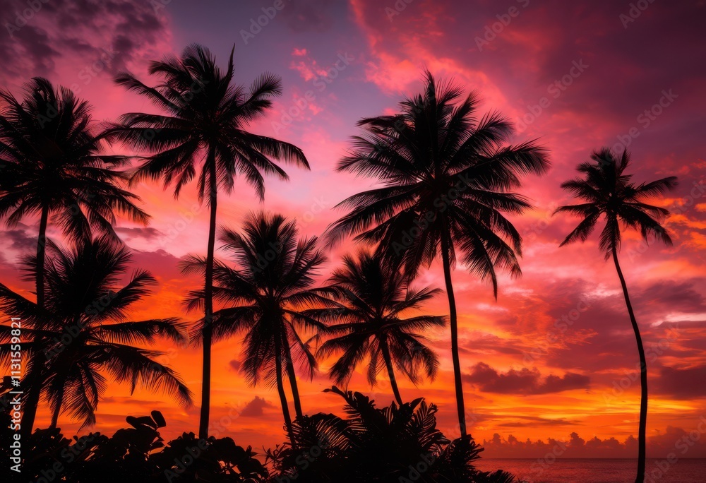 Obraz premium vibrant silhouetted palm leaves stunning sunset background fiery orange soft pink hues, tropical, sky, horizon, light, beauty, glow, shadow, flower, plant