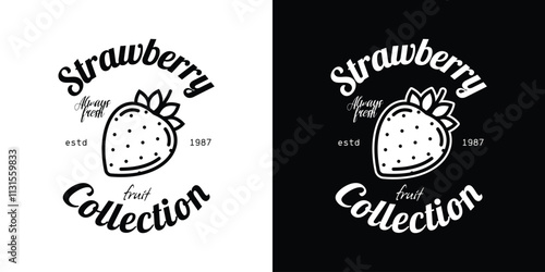 Emblem collection of fruits. Strawberry. Original vector illustration in vintage style. T-shirt design.