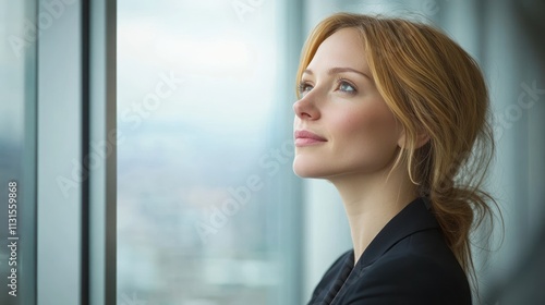 A woman with red hair is looking out a large window, deep in thought, in a contemporary office setting Free Download A woman with red hair is looking out a large window, deep in thought, in a contemporary office setting - GFXLoad