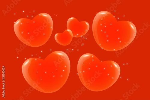 Composition of red volumetric hearts and glitter.
