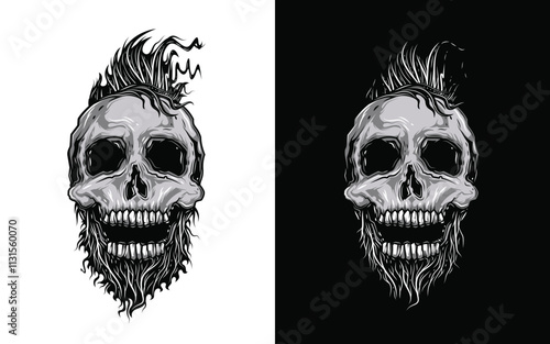 Hipster skull with beard and mohawk. Original vector illustration in vintage style. T-shirt design.