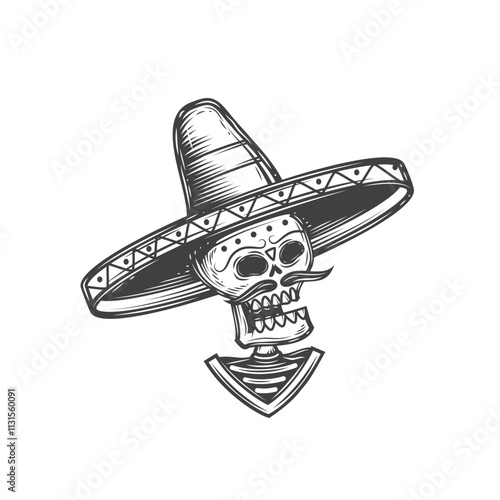 A skeleton with a moustache and a sombrero. Original vector illustration in vintage style. T-shirt design.