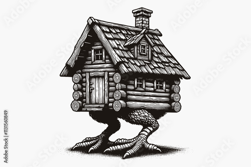 Baba Yaga's hut on chicken legs, vintage folklore woodcut style