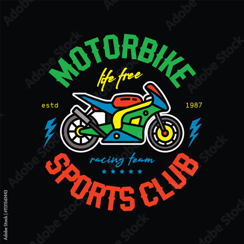 Racing sports motorcycle emblem. Superbike. Original vector illustration in vintage style. T-shirt design.