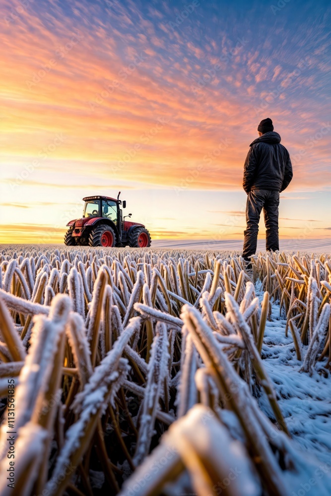 Farmer standing in snowy field at sunrise with tractor, showcasing rural winter landscape and agriculture scene.