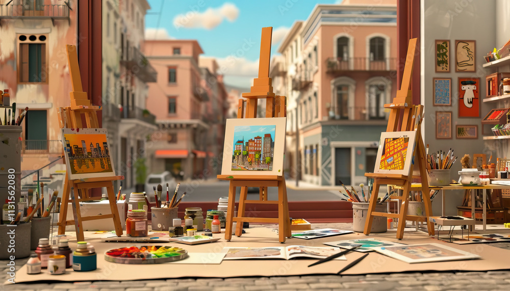 Fototapeta premium Artist's Studio with Three Easels and Cityscape Paintings