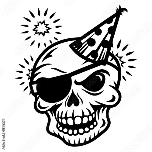 Jolly Roger's Birthday Bash: A mischievous skull, sporting a party hat and eye patch, grins amidst celebratory fireworks. Perfect for adding a quirky, edgy touch to your designs. 