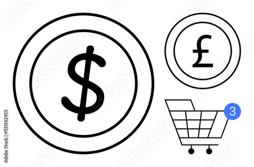 Dollar and pound currency symbols alongside a shopping cart with a notification bubble indicating three items. Ideal for ecommerce, online shopping, finance, business transactions, currency exchange