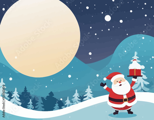 Merry christmas and happy new year greeting card with snow product display cylindrical shape copy-space and cute funny Santa Claus character in winter christmas landscape snow falling