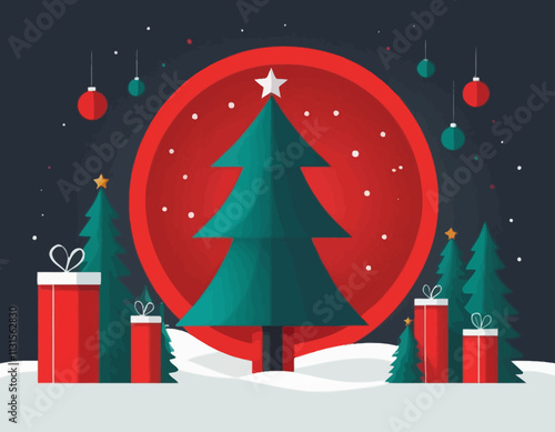 Merry Christmas and happy new year banner with red product display cylindrical shape and christmas tree and Light art decoration