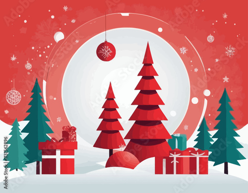 Merry Christmas and happy new year banner with red product display cylindrical shape and christmas tree and Light art decoration