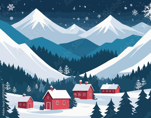 Merry Christmas and happy new year greeting card banner background with winter Christmas landscape snow falling at red village in forest among mountains