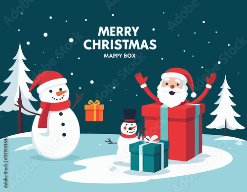 Merry christmas poster banner background template with surprise opened box santa claus and snow man and gift box