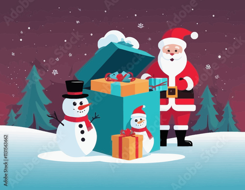 Merry christmas poster banner background template with surprise opened box santa claus and snow man and gift box