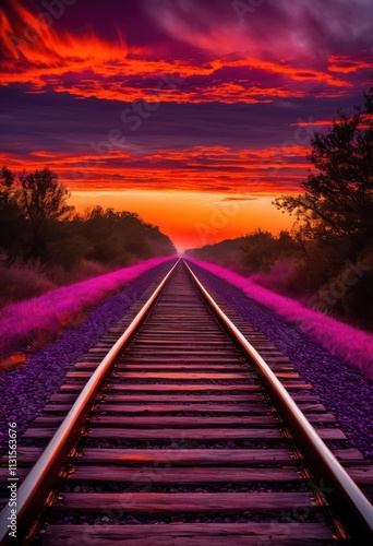 vibrant sunset casting fiery hues over lonely train tracks leading into distant horizon under cloud streaked sky, desolate, mystic, colorful, evening, light photo