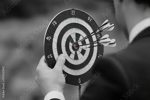 A polished professional confidently displays a target board with arrows hitting the bullseye, symbolizing precision in goal setting and personal growth, showcasing their commitment to success photo