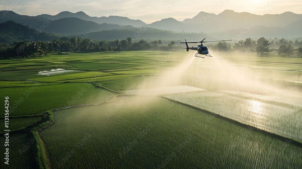Fototapeta premium Helicopter spraying rice paddy fields at sunrise. (2)