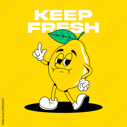 Retro fruit cartoon characters. Vintage comic mascot of lemon with angry and annoyed face. Lemon character. Retro mascot character