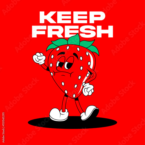 Retro fruit cartoon characters. Vintage comic mascot of strawberry with angry and annoyed face. Strawberry character. Retro mascot character