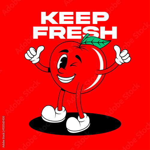 Retro fruit cartoon characters. Vintage comic mascot of apple with winking eye and happy smile face. Apple character vector. Retro mascot character