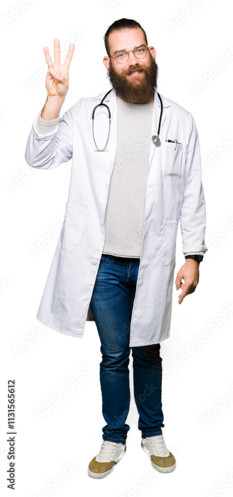 Φωτογραφία Young blond doctor man with beard wearing medical coat showing and pointing up with fingers number three while smiling confident and happy