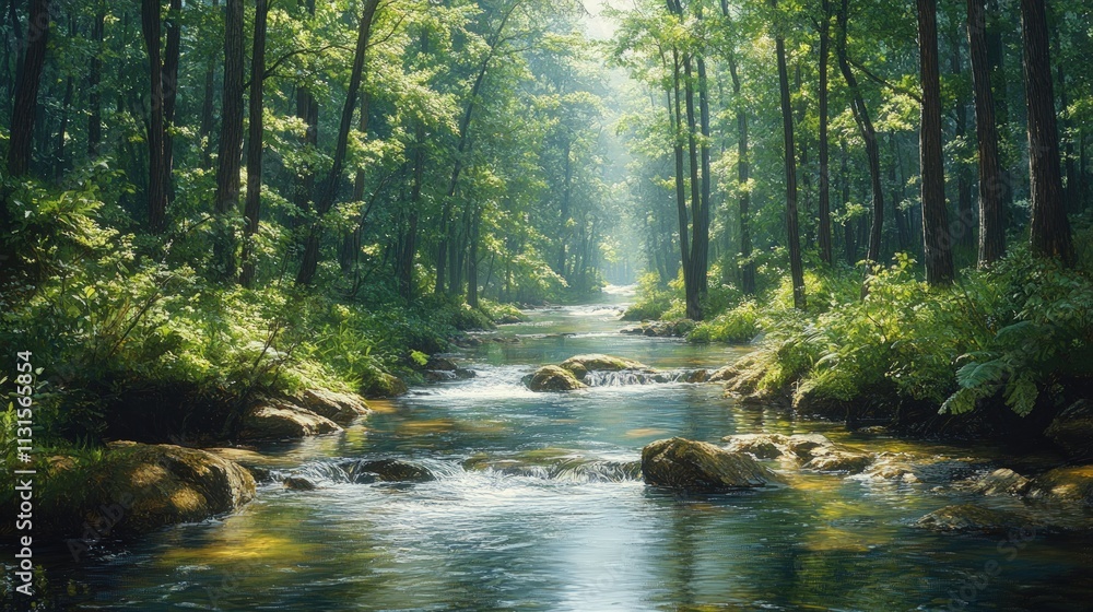 Obraz premium Sunlit stream flows through lush green forest.