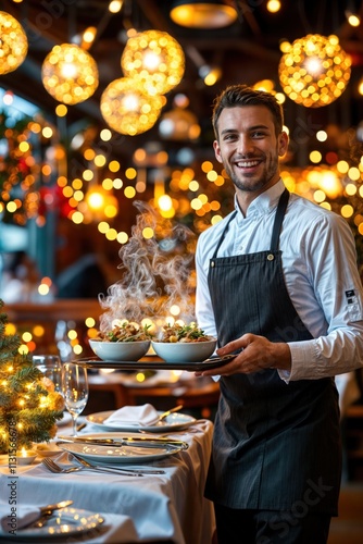 Smiling chef serving steaming holiday dishes in a beautifully decorated restaurant with festive lights and ornaments.
