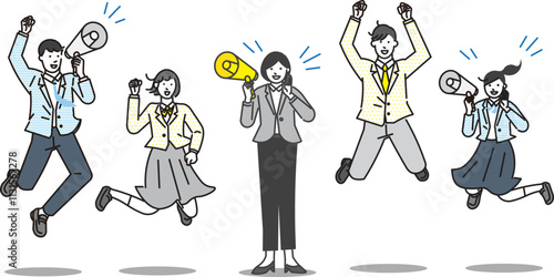 メガホンを持ってジャンプする先生と男女の学生-受験生応援ー人物白黒シンプルベクターイラスト素材